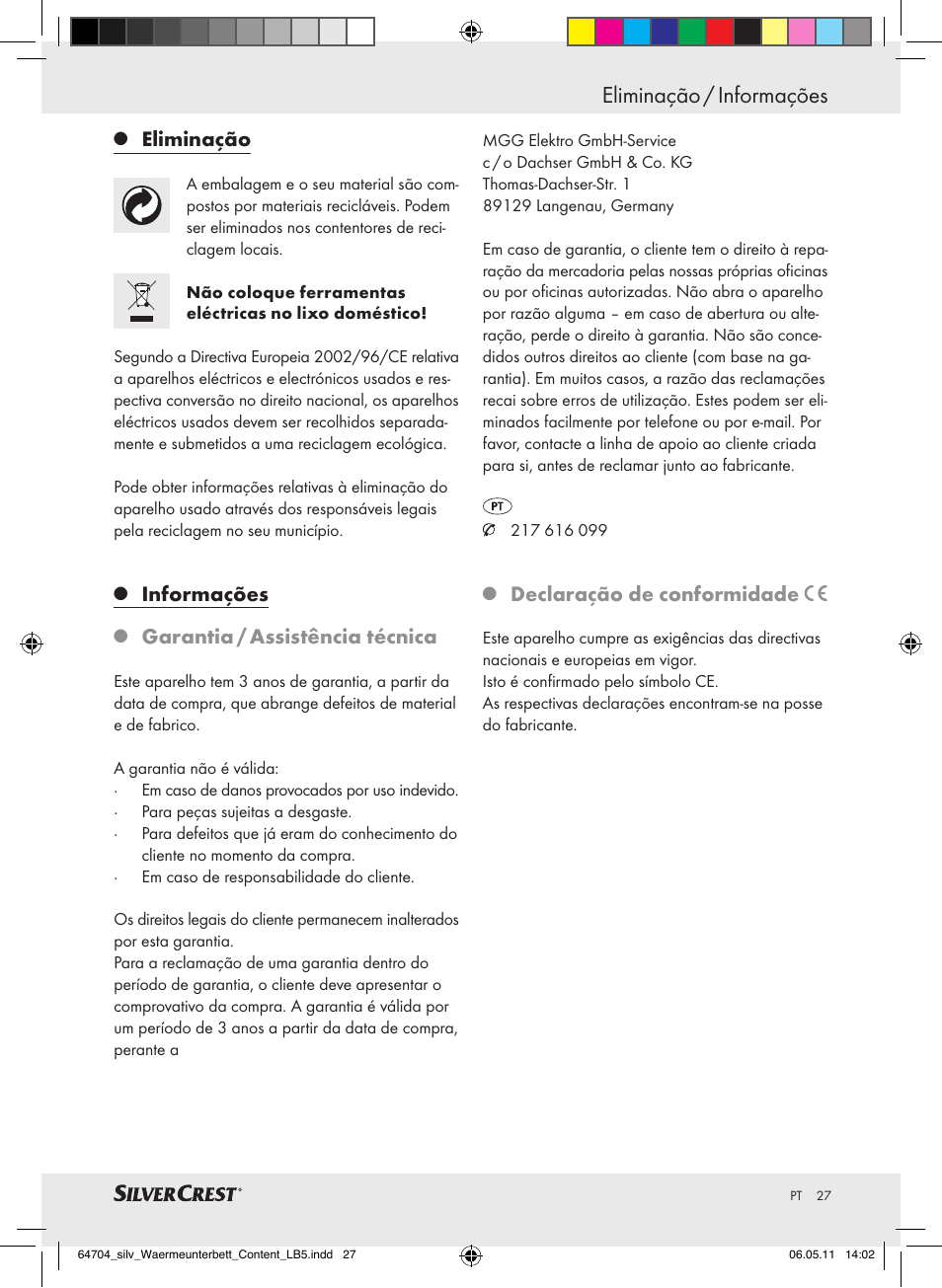 Eliminação / informações, Eliminação, Informações | Garantia / assistência técnica, Declaração de conformidade | Silvercrest Heated Mattress Pad User Manual | Page 23 / 40