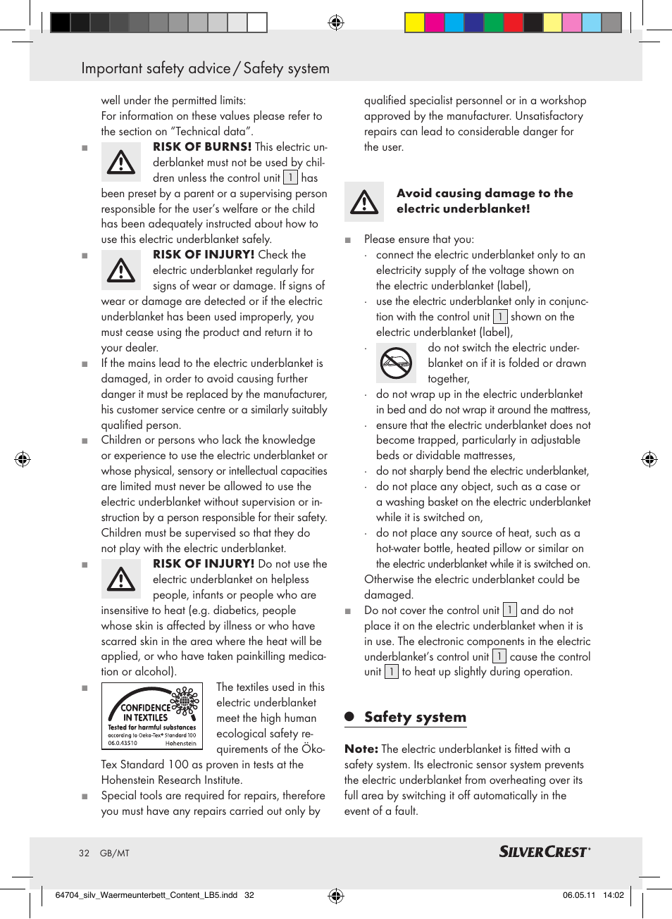 Important safety advice / safety system, Safety system | Silvercrest Heated Mattress Pad User Manual | Page 28 / 40
