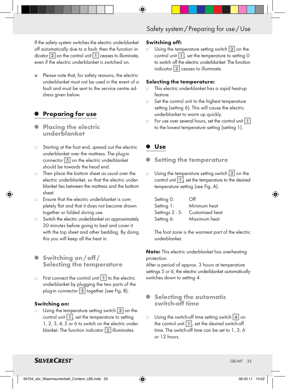 Safety system / preparing for use / use, Preparing for use, Placing the electric underblanket | Switching on / off / selecting the temperature, Setting the temperature, Selecting the automatic switch-off time | Silvercrest Heated Mattress Pad User Manual | Page 29 / 40