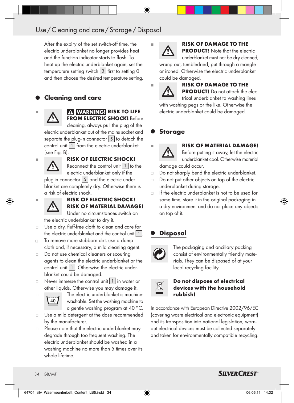 Use / cleaning and care / storage / disposal, Cleaning and care, Storage | Disposal | Silvercrest Heated Mattress Pad User Manual | Page 30 / 40