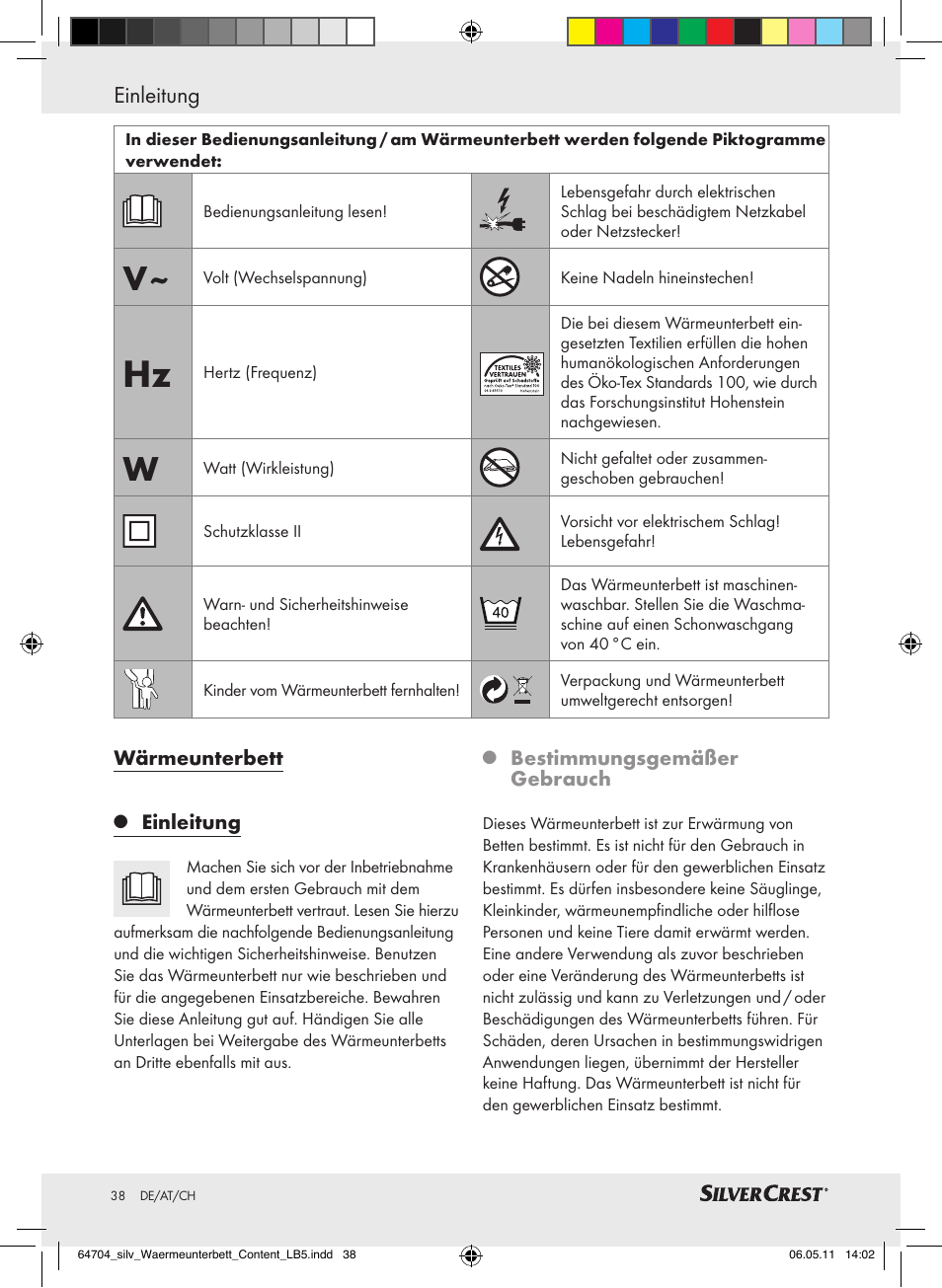 Einleitung | Silvercrest Heated Mattress Pad User Manual | Page 34 / 40