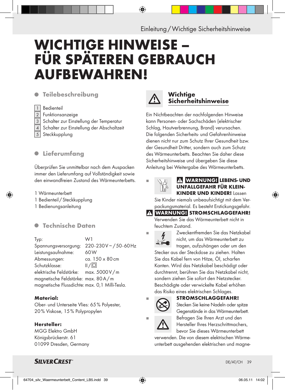 Einleitung / wichtige sicherheitshinweise | Silvercrest Heated Mattress Pad User Manual | Page 35 / 40