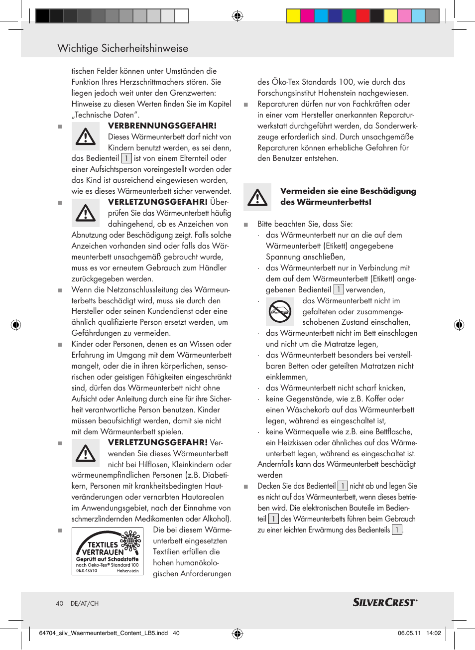 Wichtige sicherheitshinweise | Silvercrest Heated Mattress Pad User Manual | Page 36 / 40