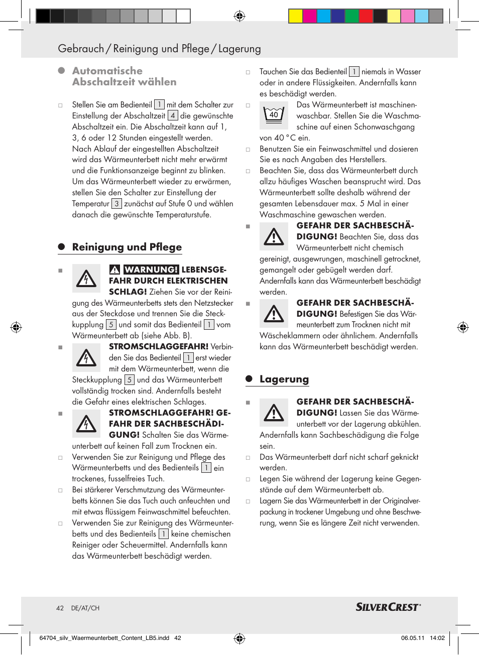 Gebrauch / reinigung und pflege / lagerung, Automatische abschaltzeit wählen, Reinigung und pflege | Lagerung | Silvercrest Heated Mattress Pad User Manual | Page 38 / 40