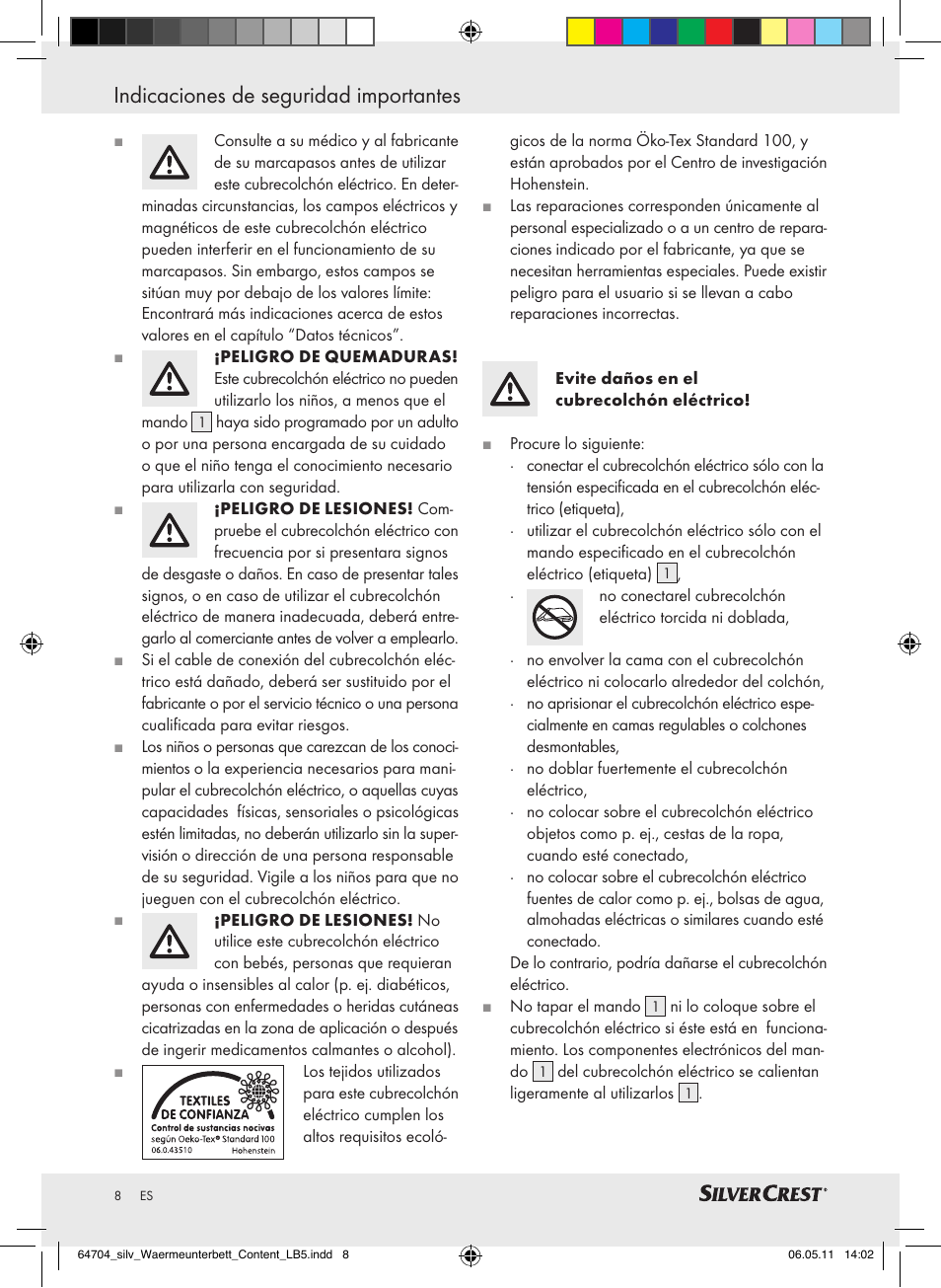 Indicaciones de seguridad importantes | Silvercrest Heated Mattress Pad User Manual | Page 4 / 40