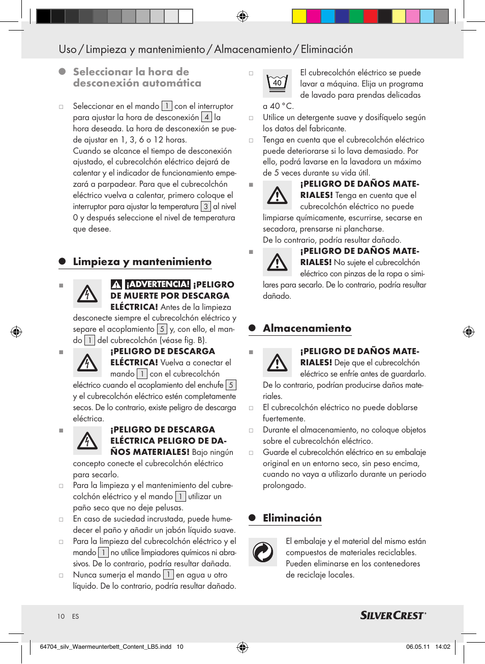 Seleccionar la hora de desconexión automática, Limpieza y mantenimiento, Almacenamiento | Eliminación | Silvercrest Heated Mattress Pad User Manual | Page 6 / 40
