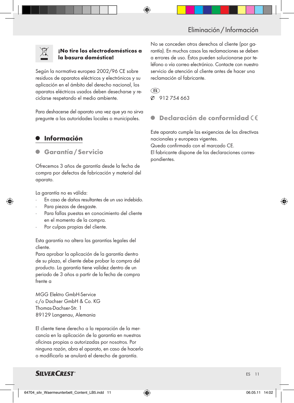 Eliminación / información, Información, Garantía / servicio | Declaración de conformidad | Silvercrest Heated Mattress Pad User Manual | Page 7 / 40