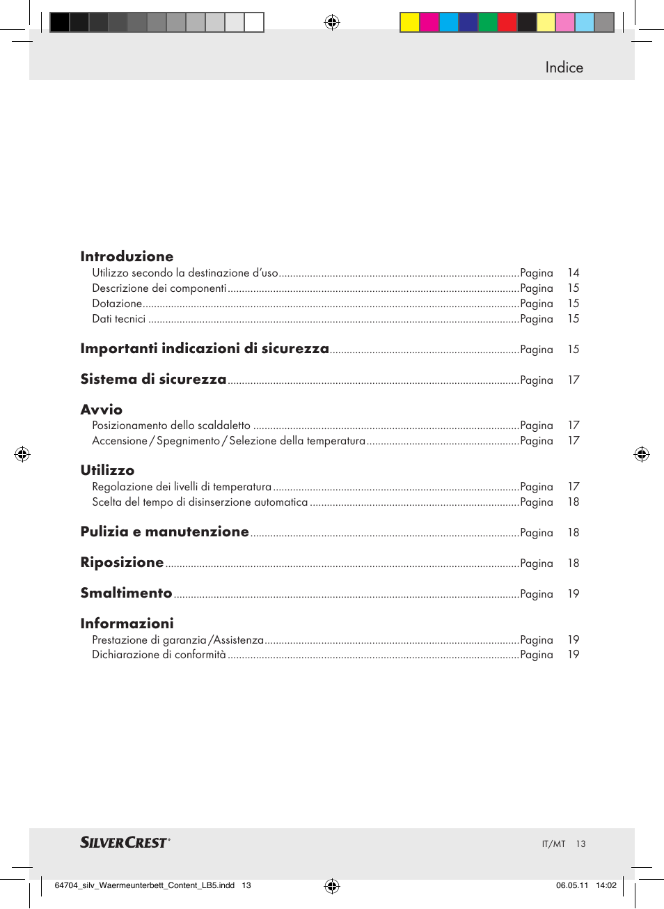 Indice | Silvercrest Heated Mattress Pad User Manual | Page 9 / 40