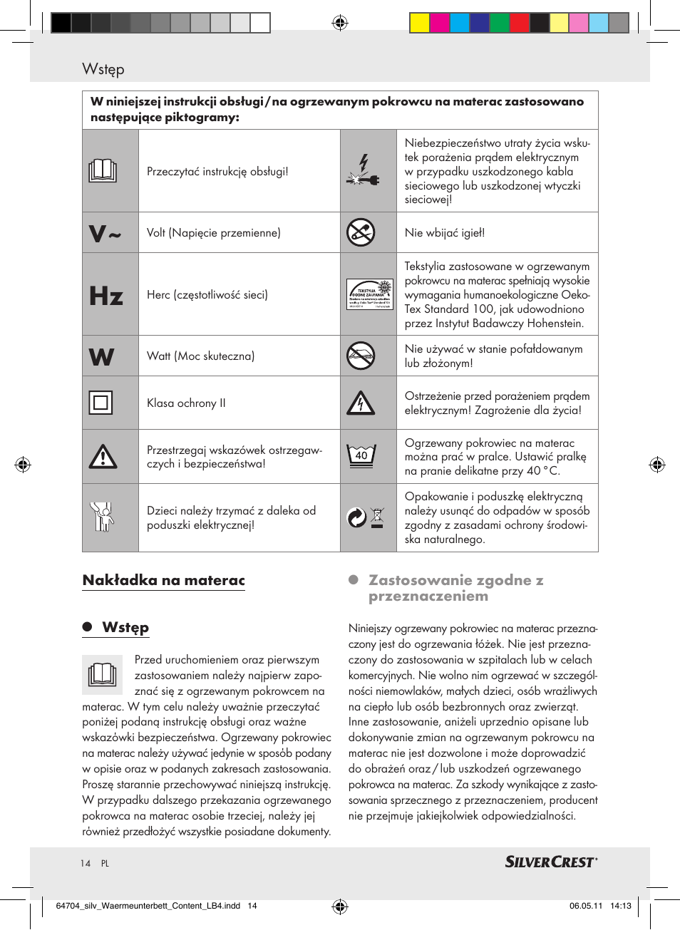 Wstęp | Silvercrest Heated Mattress Pad User Manual | Page 10 / 56