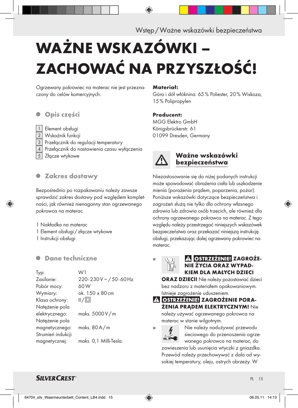 Ważne wskazówki – zachować na przyszłość, Wstęp / ważne wskazówki bezpieczeństwa, Opis części | Zakres dostawy, Dane techniczne, Ważne wskazówki bezpieczeństwa | Silvercrest Heated Mattress Pad User Manual | Page 11 / 56