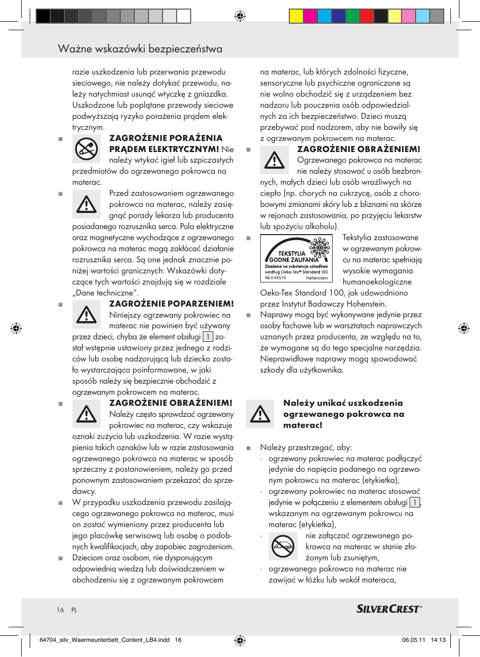 Ważne wskazówki bezpieczeństwa | Silvercrest Heated Mattress Pad User Manual | Page 12 / 56