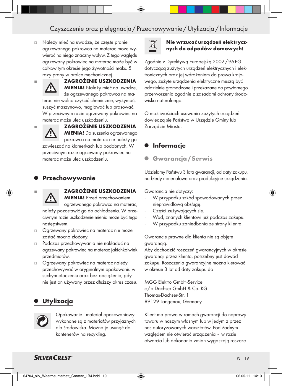 Przechowywanie, Utylizacja, Informacje | Gwarancja / serwis | Silvercrest Heated Mattress Pad User Manual | Page 15 / 56