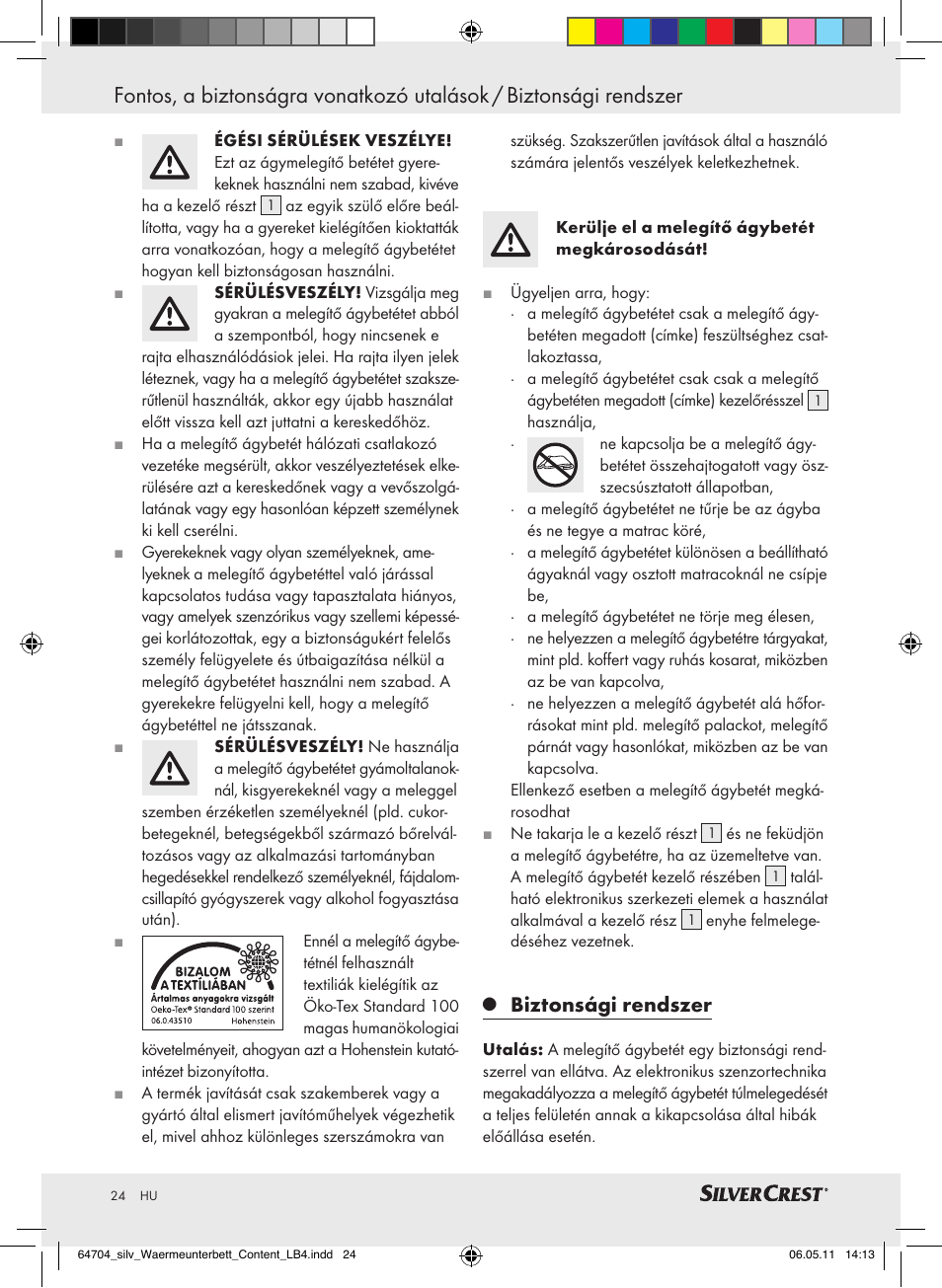 Biztonsági rendszer | Silvercrest Heated Mattress Pad User Manual | Page 20 / 56