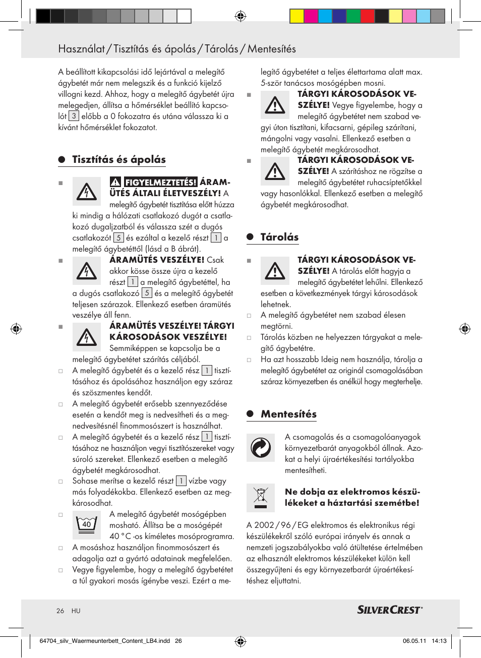 Tisztítás és ápolás, Tárolás, Mentesítés | Silvercrest Heated Mattress Pad User Manual | Page 22 / 56