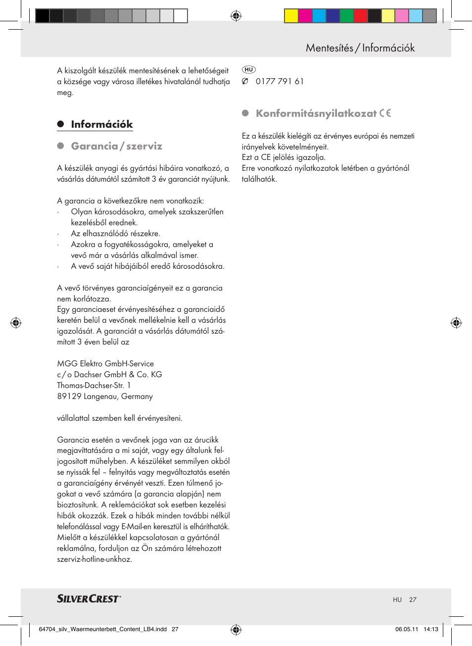 Mentesítés / információk, Információk, Garancia / szerviz | Konformitásnyilatkozat | Silvercrest Heated Mattress Pad User Manual | Page 23 / 56