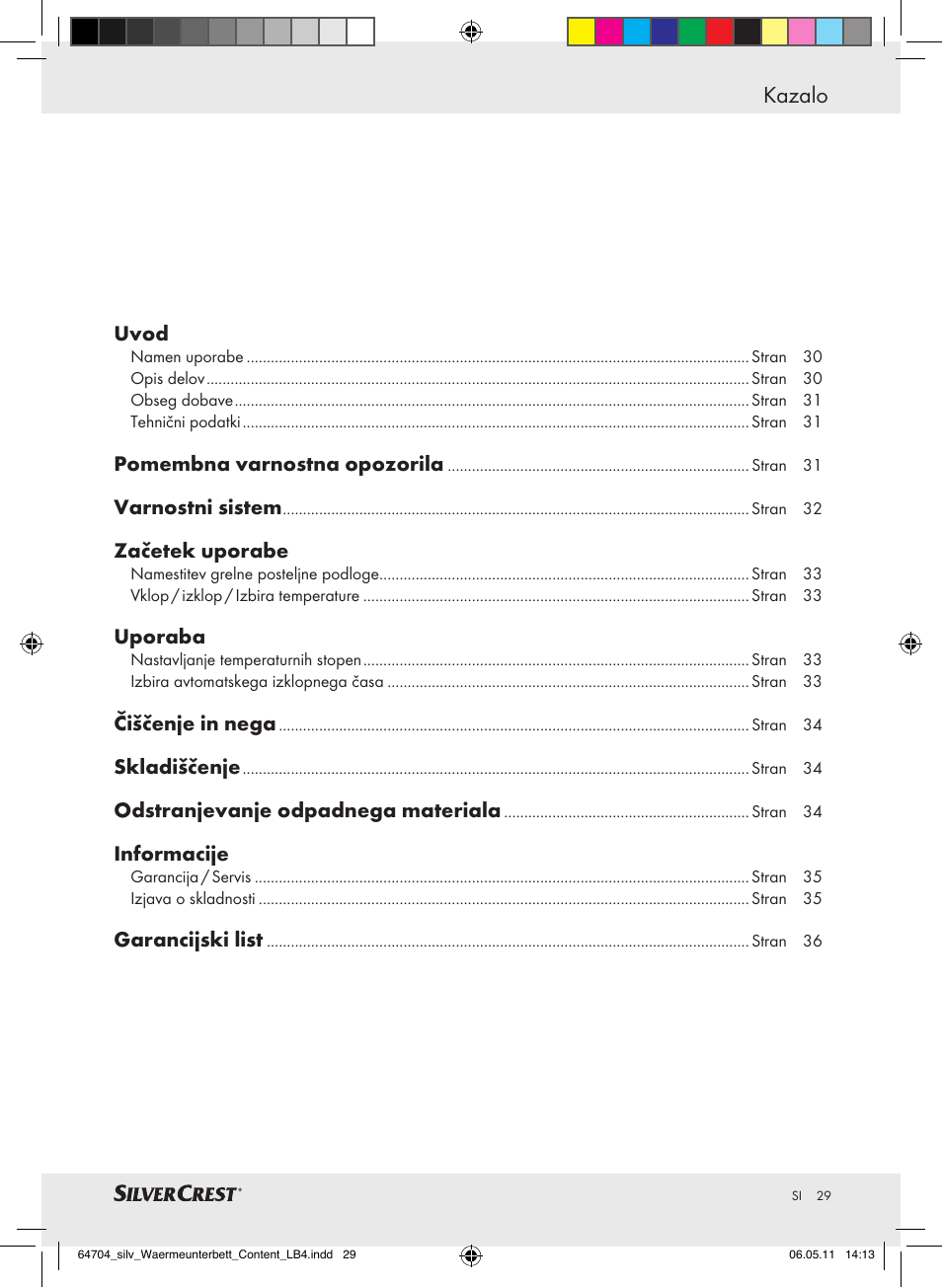 Kazalo | Silvercrest Heated Mattress Pad User Manual | Page 25 / 56