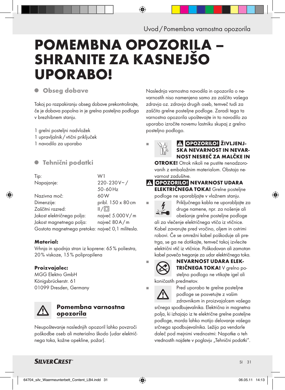 Pomembna opozorila – shranite za kasnejšo uporabo, Uvod / pomembna varnostna opozorila | Silvercrest Heated Mattress Pad User Manual | Page 27 / 56