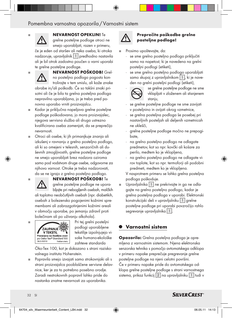 Pomembna varnostna opozorila / varnostni sistem, Varnostni sistem | Silvercrest Heated Mattress Pad User Manual | Page 28 / 56