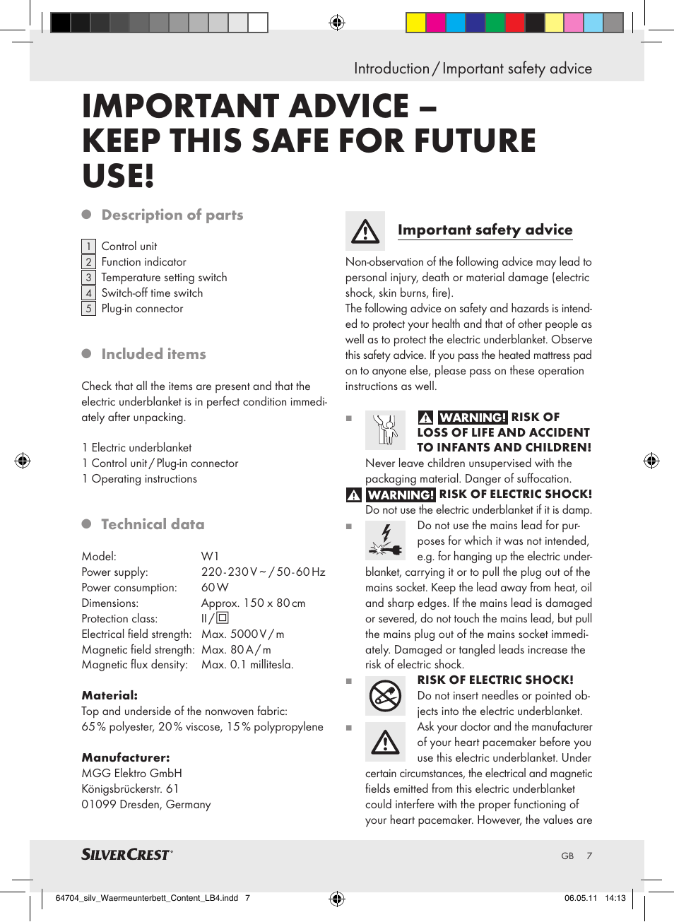 Important advice – keep this safe for future use, Introduction / important safety advice | Silvercrest Heated Mattress Pad User Manual | Page 3 / 56