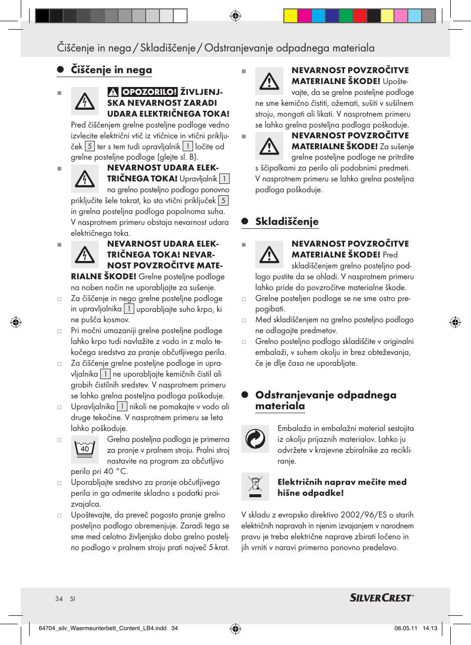 Čiščenje in nega, Skladiščenje, Odstranjevanje odpadnega materiala | Silvercrest Heated Mattress Pad User Manual | Page 30 / 56