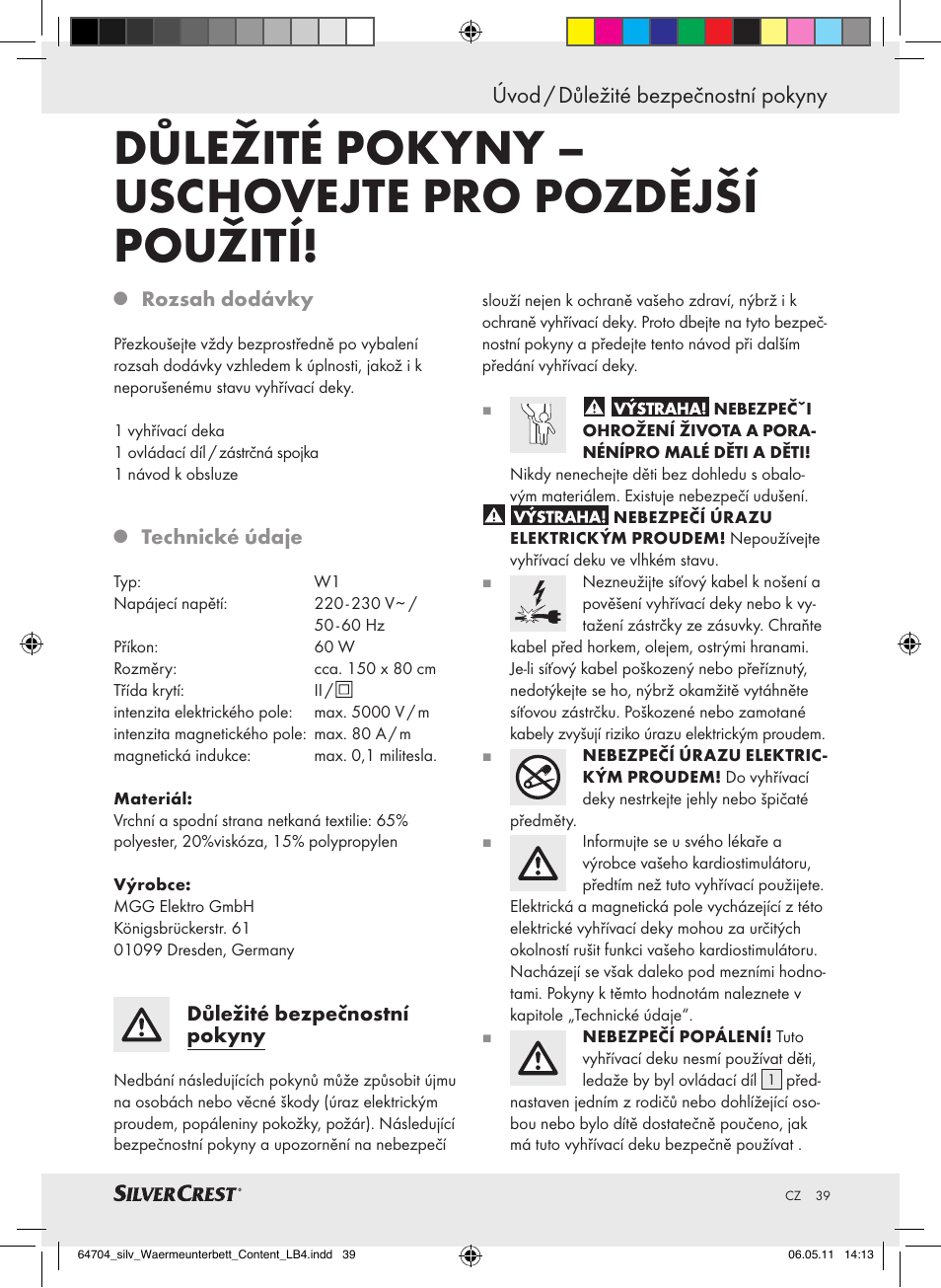 Důležité pokyny – uschovejte pro pozdější použití, Úvod / důležité bezpečnostní pokyny | Silvercrest Heated Mattress Pad User Manual | Page 35 / 56