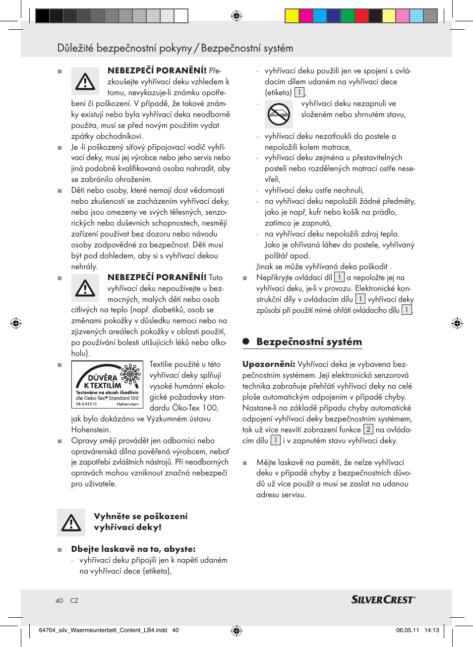 Důležité bezpečnostní pokyny / bezpečnostní systém, Bezpečnostní systém | Silvercrest Heated Mattress Pad User Manual | Page 36 / 56