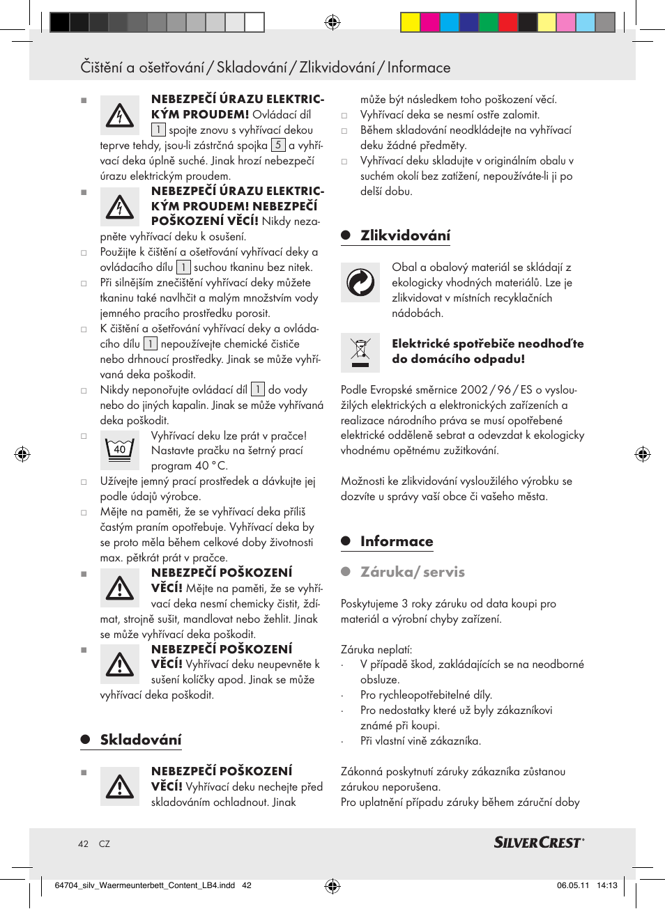 Skladování, Zlikvidování, Informace | Záruka/ servis | Silvercrest Heated Mattress Pad User Manual | Page 38 / 56