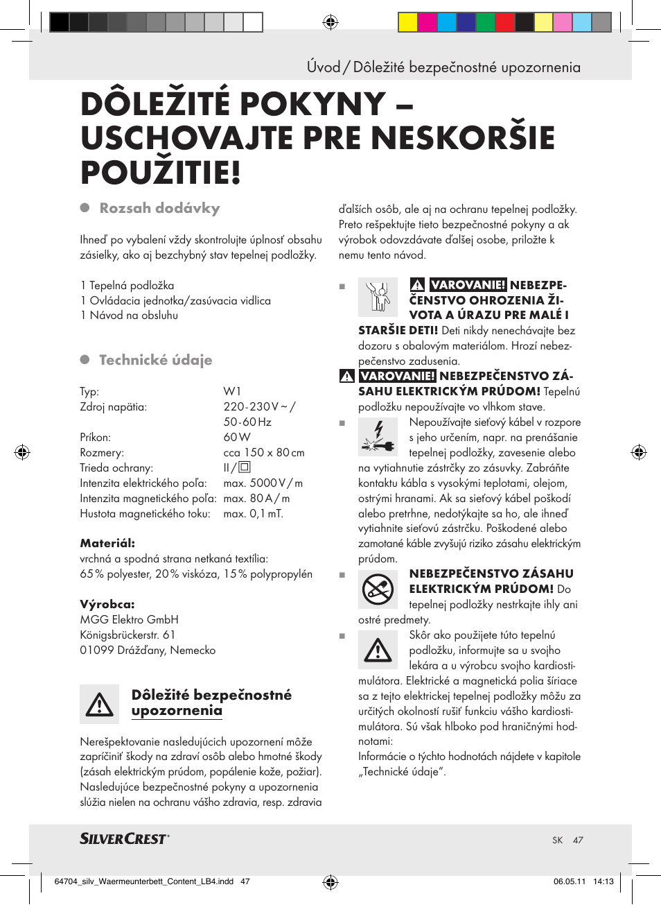 Úvod / dôležité bezpečnostné upozornenia | Silvercrest Heated Mattress Pad User Manual | Page 43 / 56