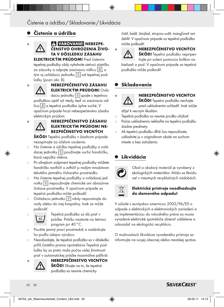 Čistenie a údržba / skladovanie / likvidácia, Čistenie a údržba, Skladovanie | Likvidácia | Silvercrest Heated Mattress Pad User Manual | Page 46 / 56