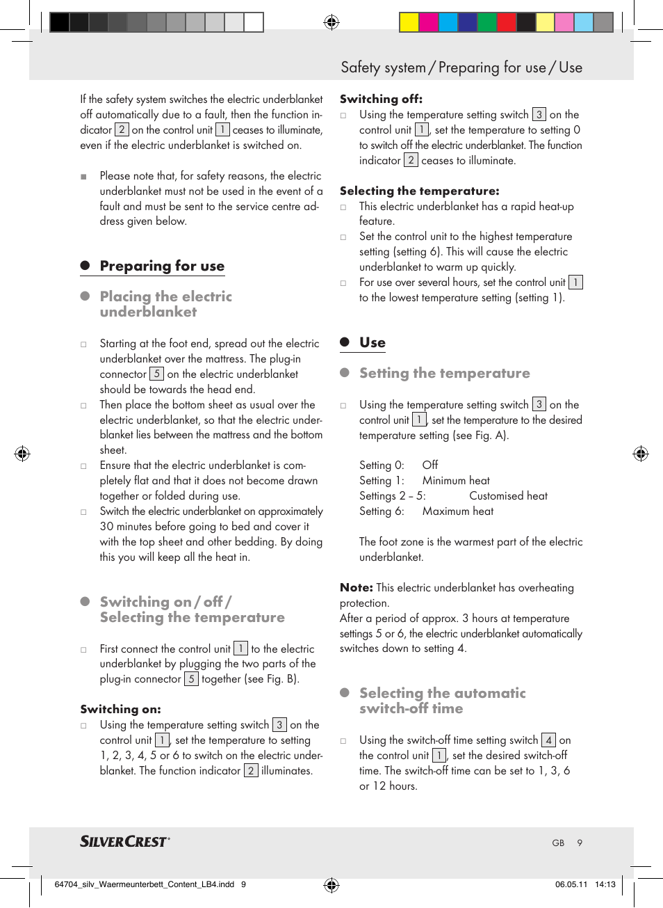 Safety system / preparing for use / use, Preparing for use, Placing the electric underblanket | Switching on / off / selecting the temperature, Setting the temperature, Selecting the automatic switch-off time | Silvercrest Heated Mattress Pad User Manual | Page 5 / 56