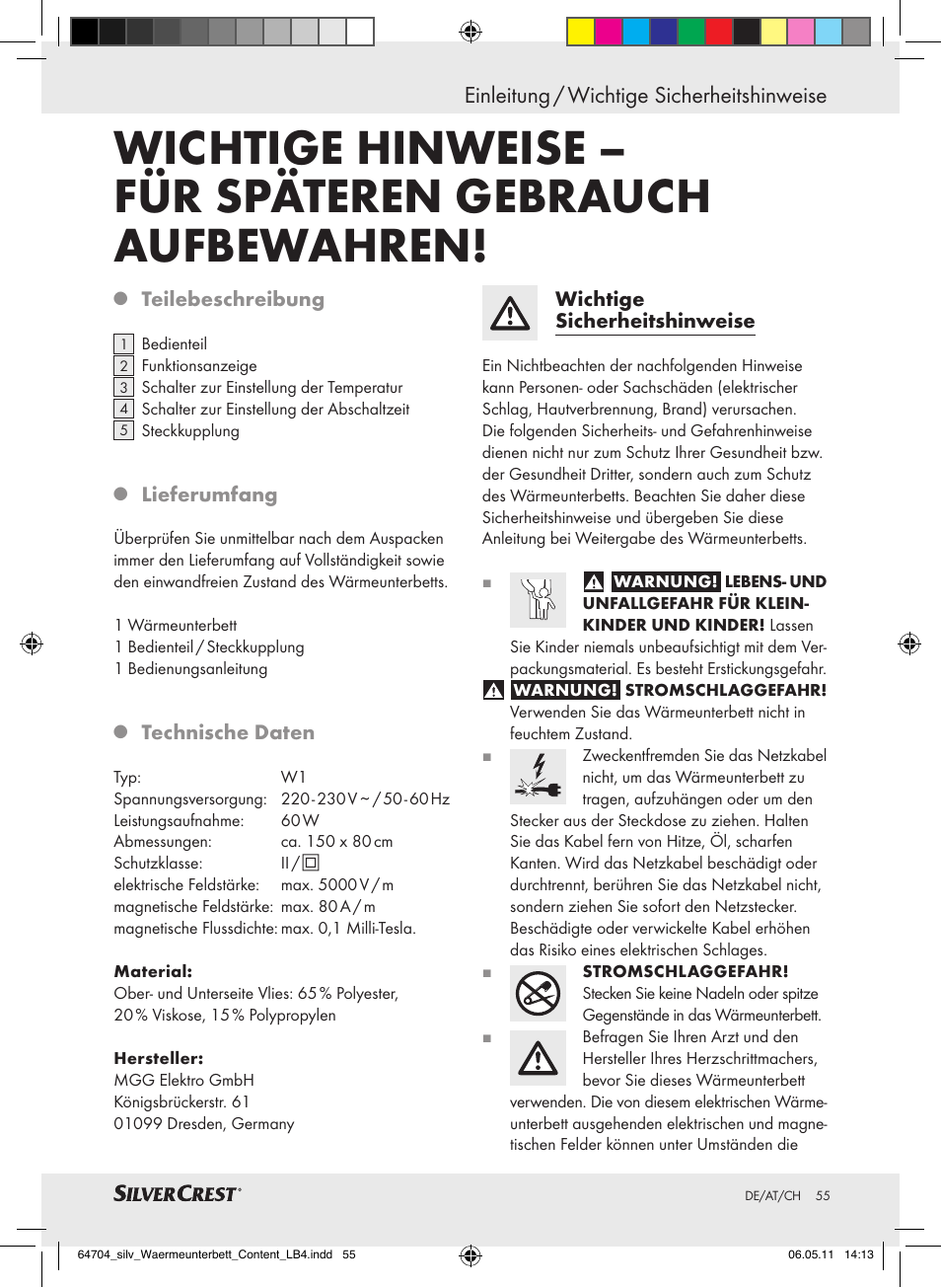 Einleitung / wichtige sicherheitshinweise | Silvercrest Heated Mattress Pad User Manual | Page 51 / 56