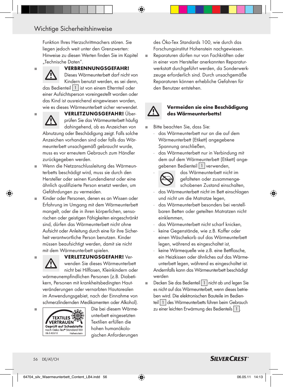 Wichtige sicherheitshinweise | Silvercrest Heated Mattress Pad User Manual | Page 52 / 56