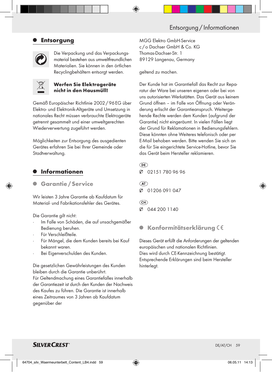 Entsorgung / informationen, Entsorgung, Informationen | Garantie / service, Konformitätserklärung | Silvercrest Heated Mattress Pad User Manual | Page 55 / 56