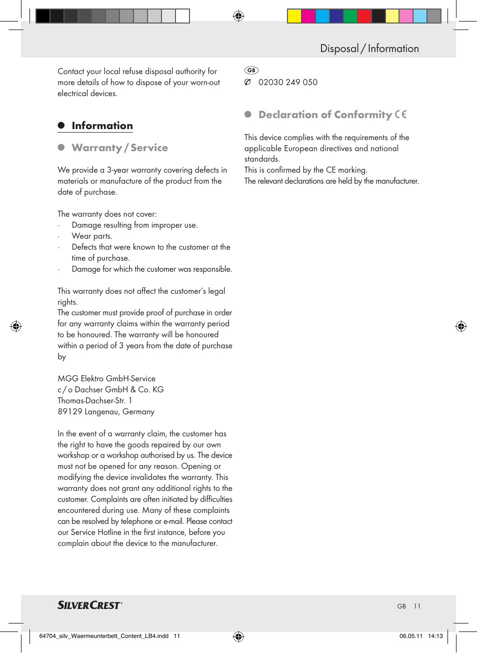 Disposal / information, Information, Warranty / service | Declaration of conformity | Silvercrest Heated Mattress Pad User Manual | Page 7 / 56