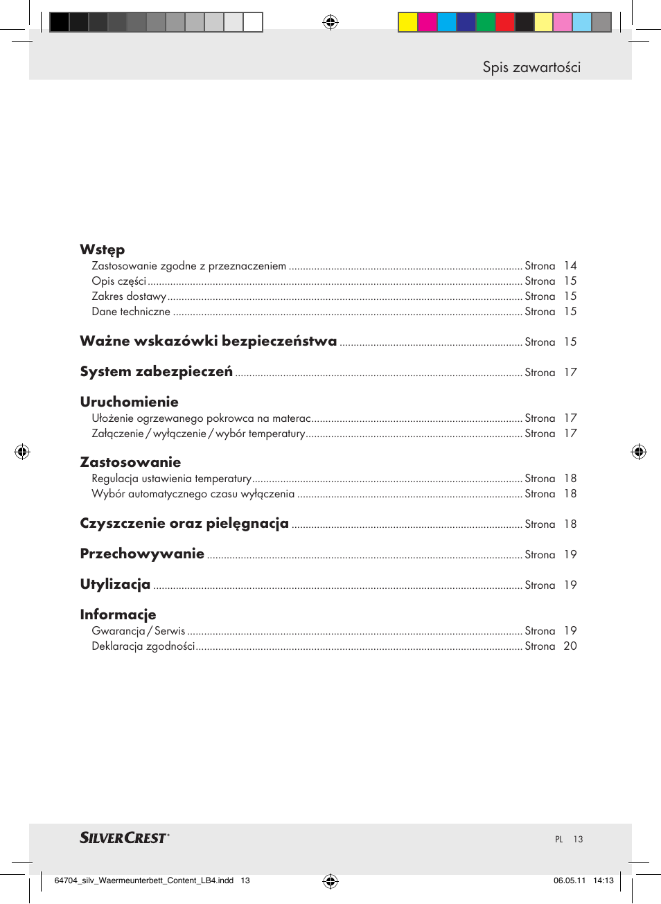 Spis zawartości | Silvercrest Heated Mattress Pad User Manual | Page 9 / 56