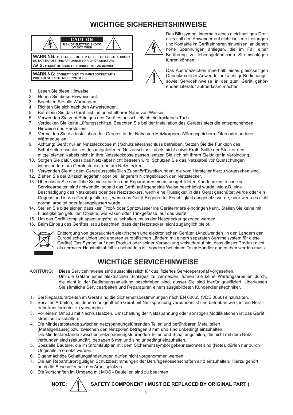 Wichtige sicherheitshinweise, Wichtige servicehinweise | Dynacord DPA 4260 User Manual | Page 2 / 48
