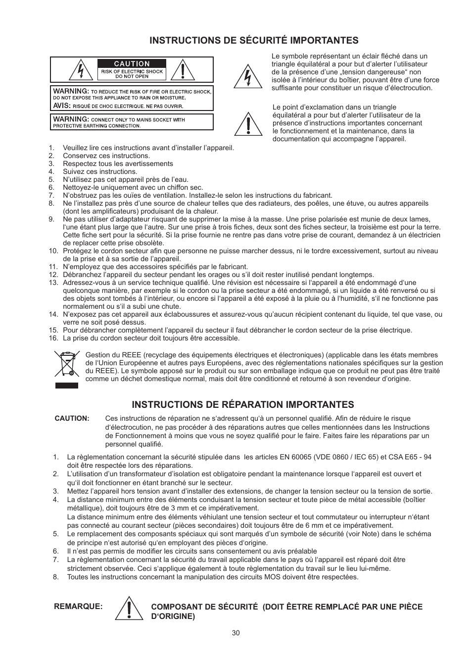 Instructions de sécurité importantes, Instructions de réparation importantes | Dynacord DPA 4260 User Manual | Page 30 / 48