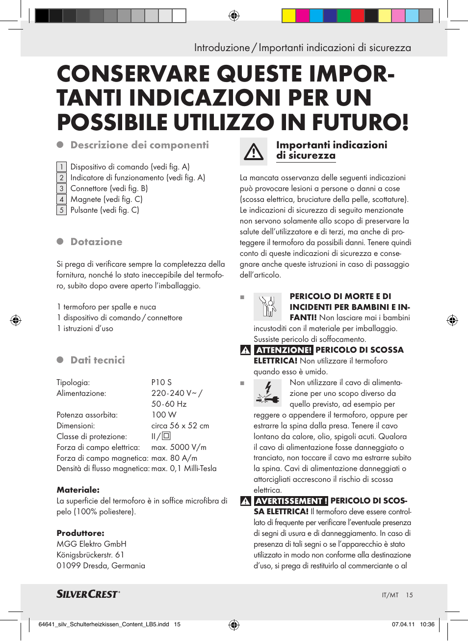 Introduzione / importanti indicazioni di sicurezza | Silvercrest Neck & Shoulder Heating Pad User Manual | Page 11 / 40