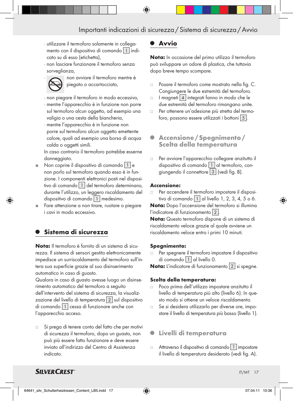 Sistema di sicurezza, Avvio, Livelli di temperatura | Silvercrest Neck & Shoulder Heating Pad User Manual | Page 13 / 40