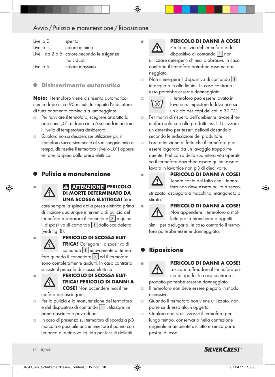 Avvio / pulizia e manutenzione / riposizione, Disinserimento automatico, Pulizia e manutenzione | Riposizione | Silvercrest Neck & Shoulder Heating Pad User Manual | Page 14 / 40