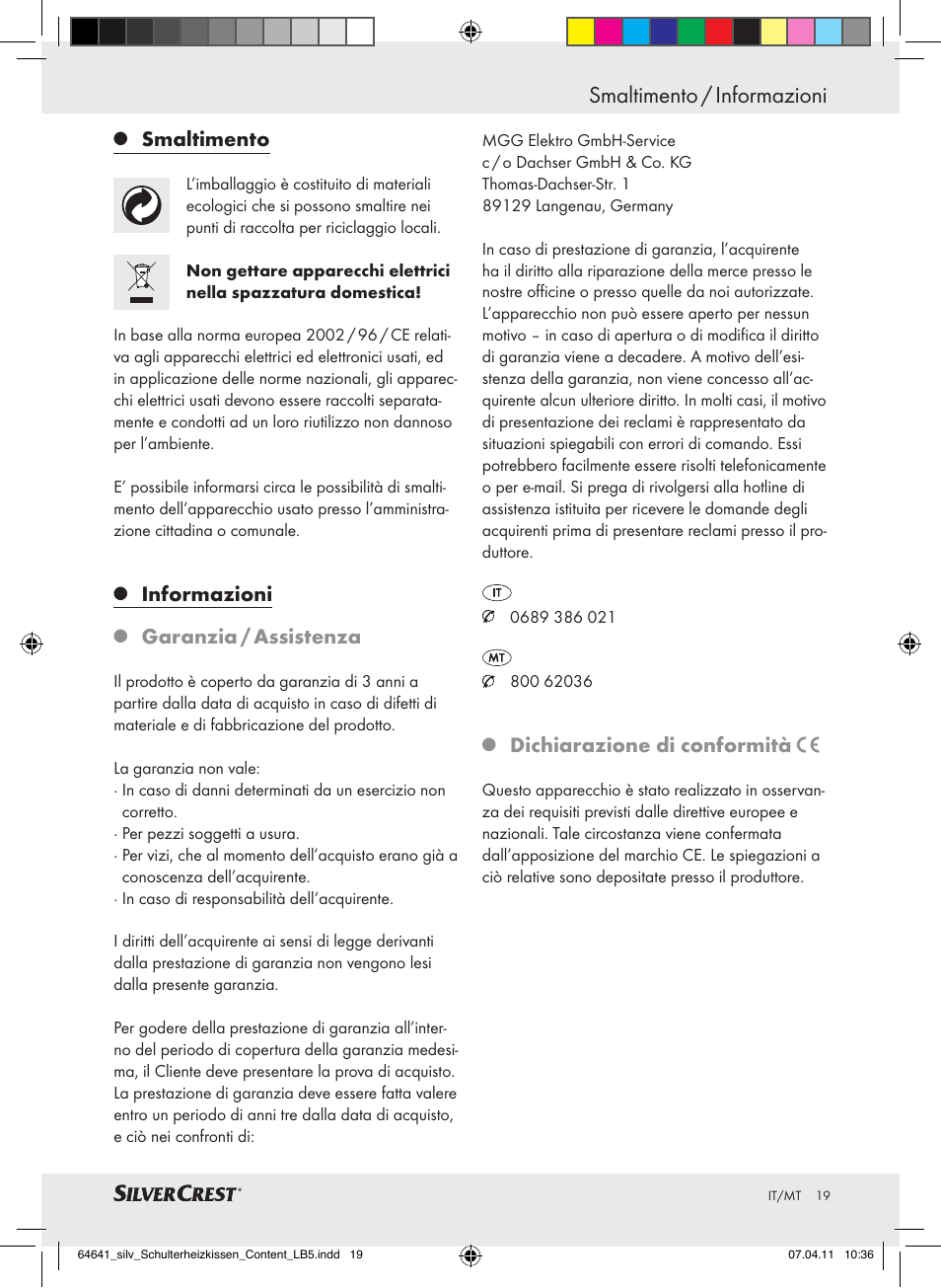 Smaltimento / informazioni, Smaltimento, Informazioni | Garanzia / assistenza, Dichiarazione di conformità | Silvercrest Neck & Shoulder Heating Pad User Manual | Page 15 / 40