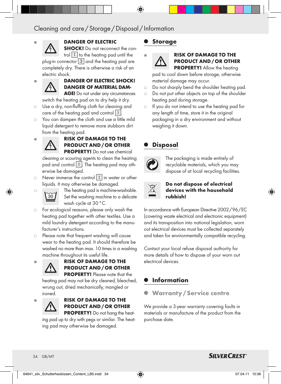 Storage, Disposal, Information | Warranty / service centre | Silvercrest Neck & Shoulder Heating Pad User Manual | Page 30 / 40