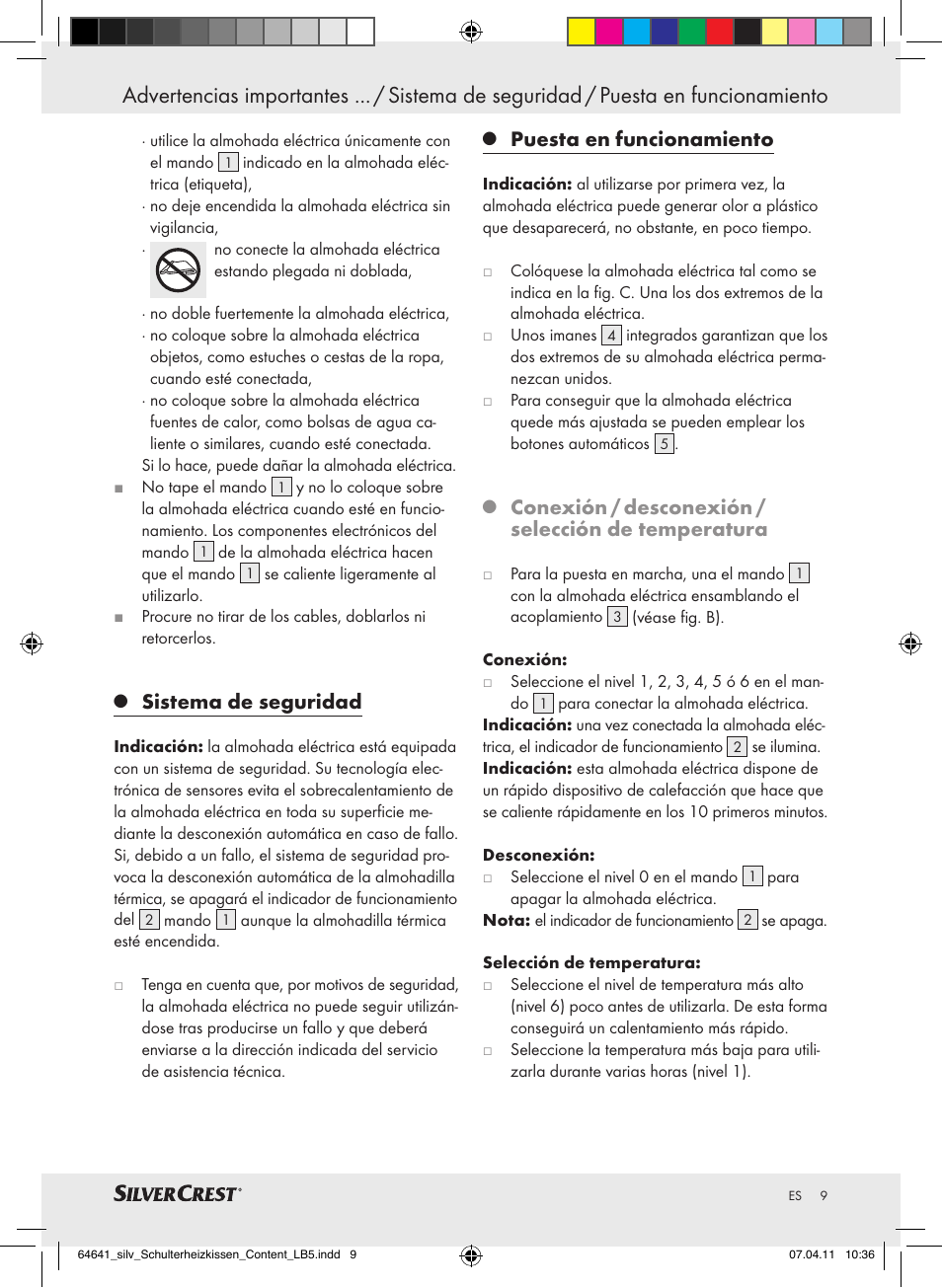 Sistema de seguridad, Puesta en funcionamiento, Conexión / desconexión / selección de temperatura | Silvercrest Neck & Shoulder Heating Pad User Manual | Page 5 / 40