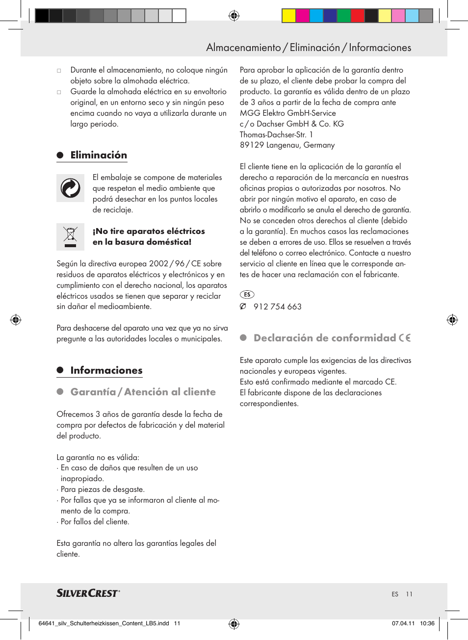 Almacenamiento / eliminación / informaciones, Eliminación, Informaciones | Garantía / atención al cliente, Declaración de conformidad | Silvercrest Neck & Shoulder Heating Pad User Manual | Page 7 / 40