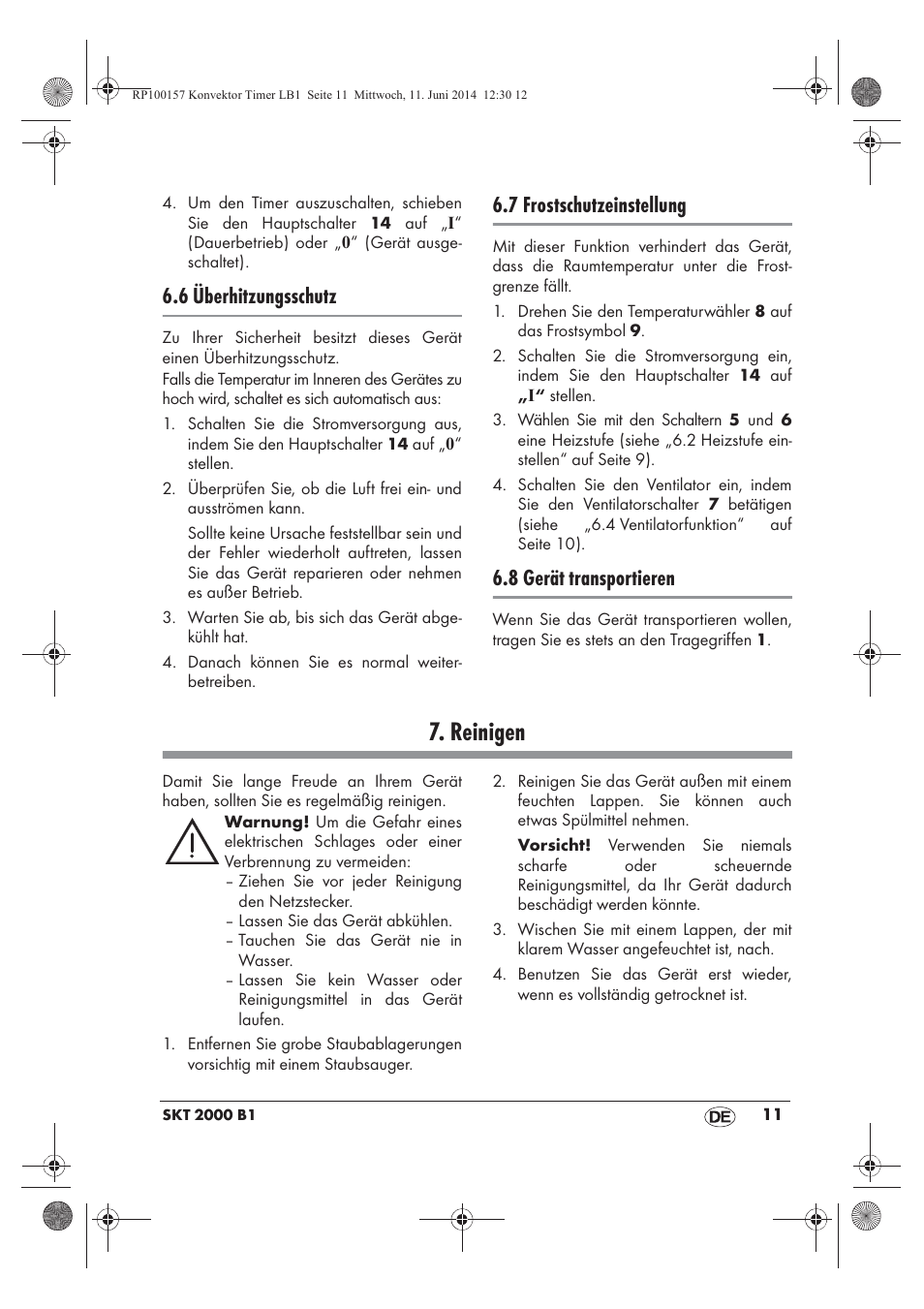 Reinigen, 6 überhitzungsschutz, 7 frostschutzeinstellung | 8 gerät transportieren | Silvercrest SKT 2000 B1 User Manual | Page 13 / 54
