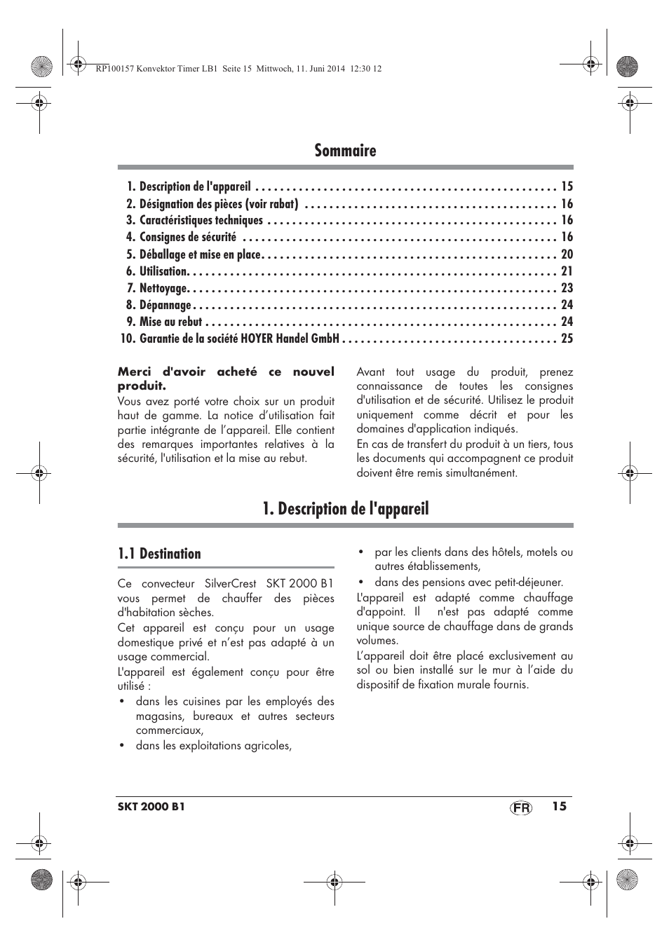 Sommaire, Description de l'appareil, 1 destination | Silvercrest SKT 2000 B1 User Manual | Page 17 / 54