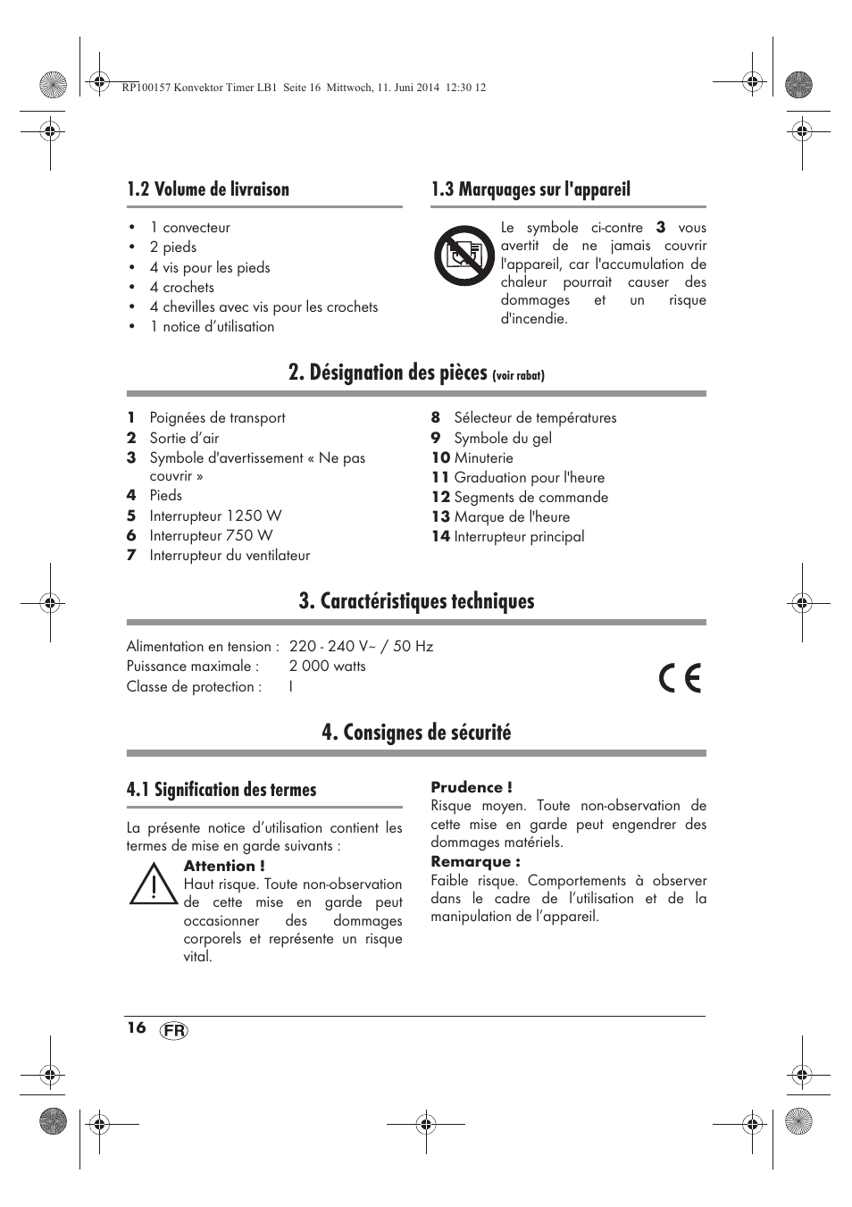 Désignation des pièces, Caractéristiques techniques, Consignes de sécurité | 2 volume de livraison, 3 marquages sur l'appareil, 1 signification des termes | Silvercrest SKT 2000 B1 User Manual | Page 18 / 54