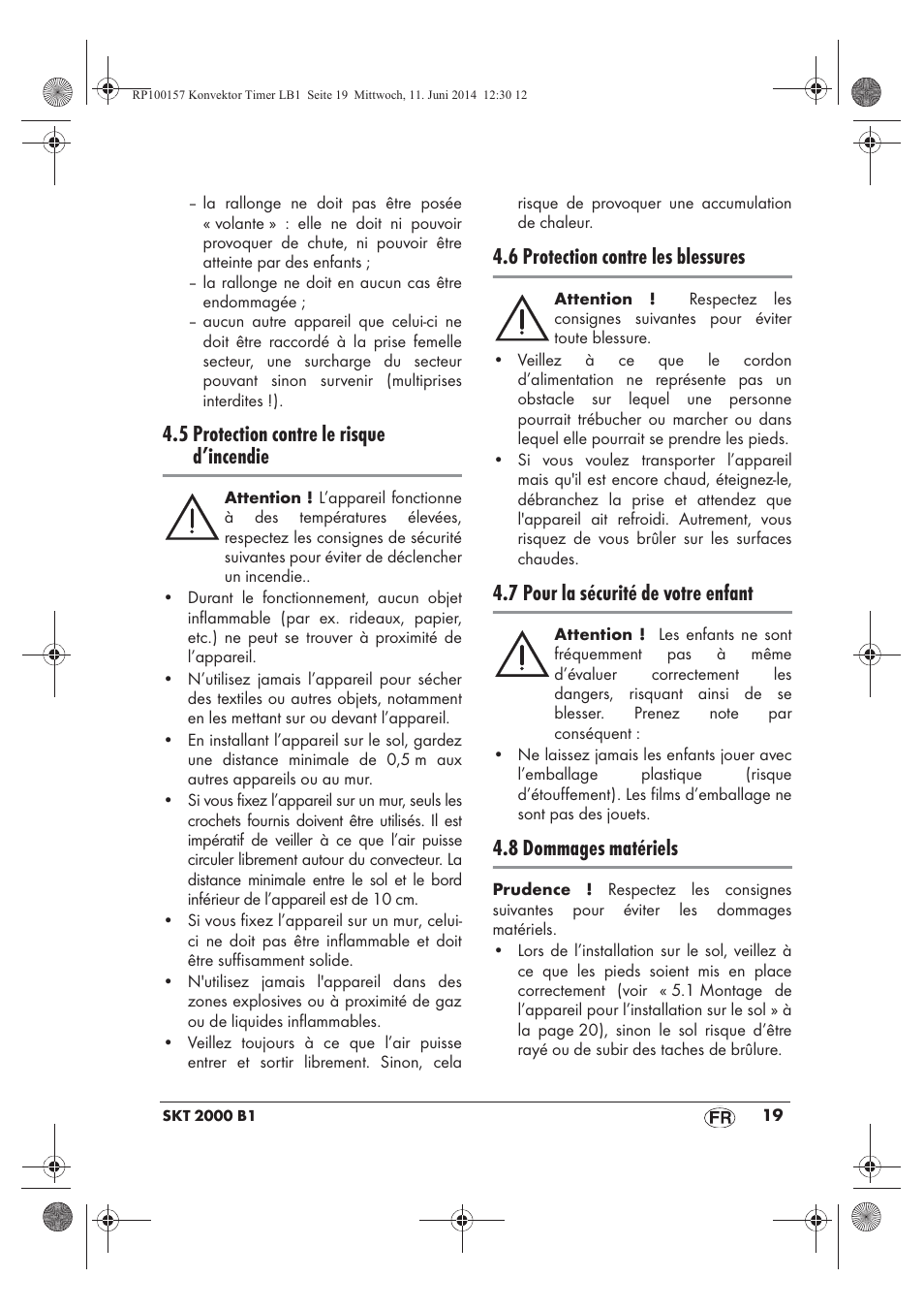 5 protection contre le risque d’incendie, 6 protection contre les blessures, 7 pour la sécurité de votre enfant | 8 dommages matériels | Silvercrest SKT 2000 B1 User Manual | Page 21 / 54
