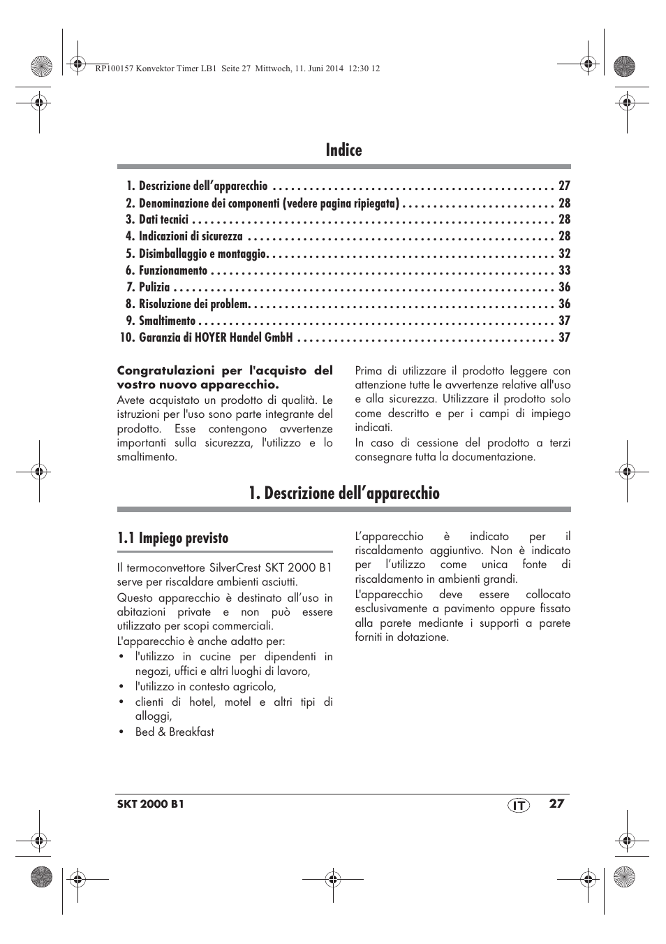 Indice, Descrizione dell’apparecchio, 1 impiego previsto | Silvercrest SKT 2000 B1 User Manual | Page 29 / 54