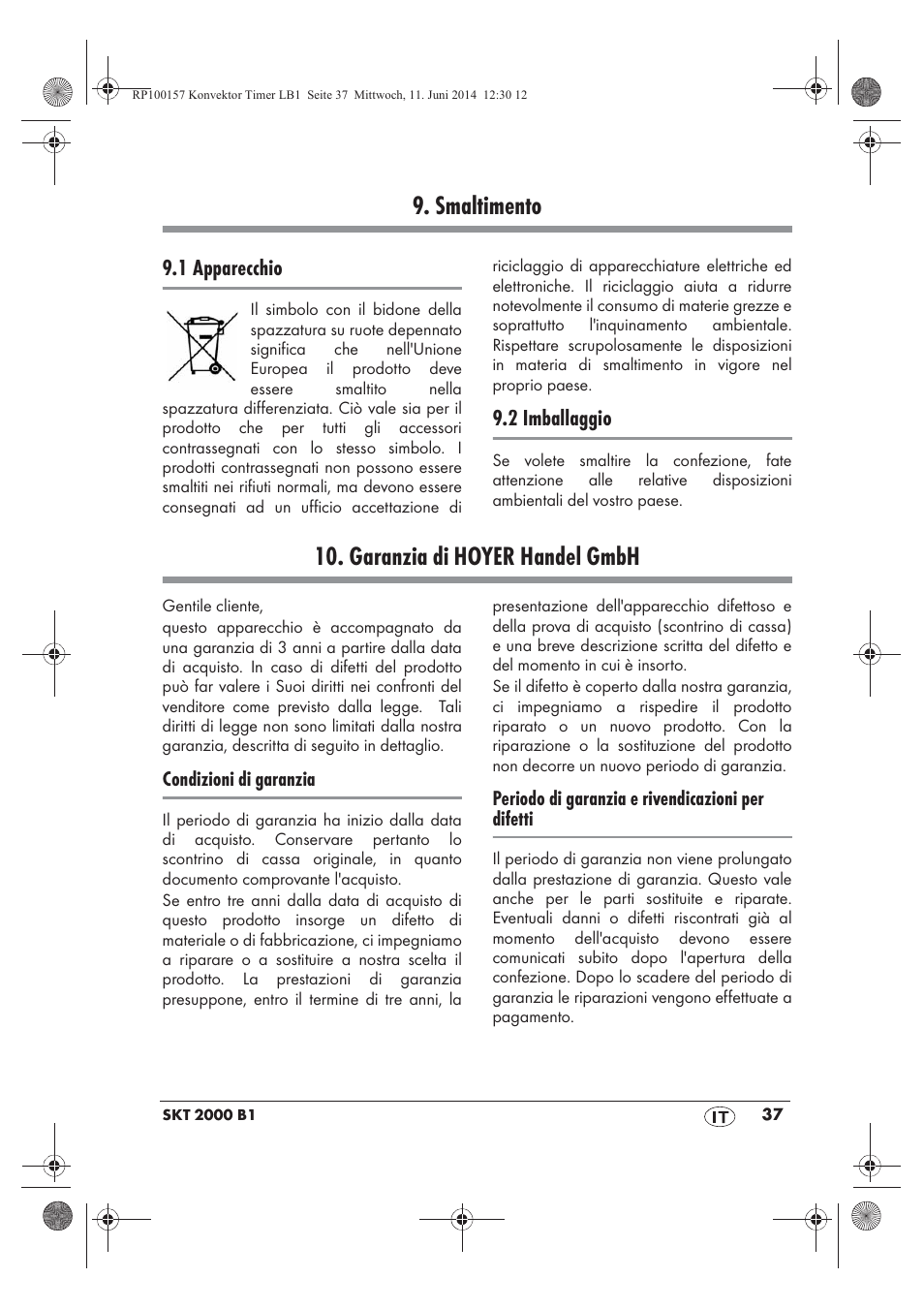 Smaltimento, Garanzia di hoyer handel gmbh | Silvercrest SKT 2000 B1 User Manual | Page 39 / 54